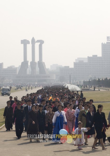 North Korean people queueing to see the international Kimilsungia and Kimjongilia festival, Pyongan Province, Pyongyang, North Korea