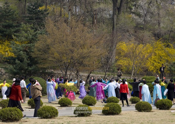 North Korean people dancing in a park for the day of the sun which is the birth anniversary of Kim Il-sung, Pyongan Province, Pyongyang, North Korea