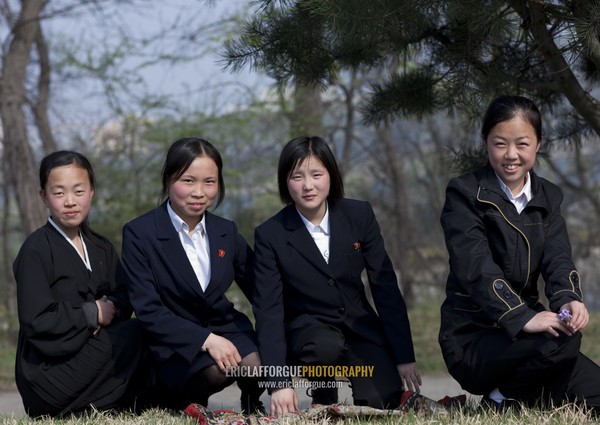 North Korean students girls in a park, Pyongan Province, Pyongyang, North Korea