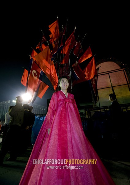 North Korean artists during a mass dance to celebrate april 15 the birth anniversary of Kim Il-sung on Kim il Sung square, Pyongan Province, Pyongyang, North Korea