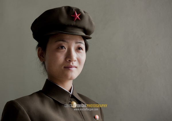 Portrait of a North Korean woman soldier with a cap, Pyongan Province, Pyongyang, North Korea