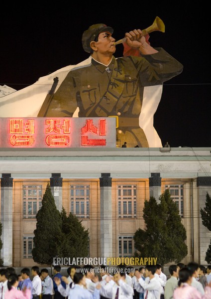 North Korean students dancing to celebrate april 15 the birth anniversary of Kim Il-sung on Kim il Sung square, Pyongan Province, Pyongyang, North Korea