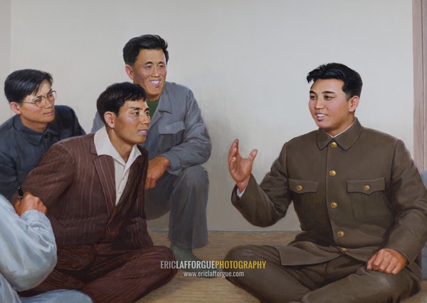 Propaganda poster with Kim il Sung when he was a young officer in the army during the Korean war, Kangwon Province, Wonsan, North Korea