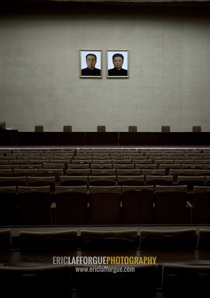 Official portraits of the Dear Leaders inside the Grand people's study house auditorium, Pyongan Province, Pyongyang, North Korea