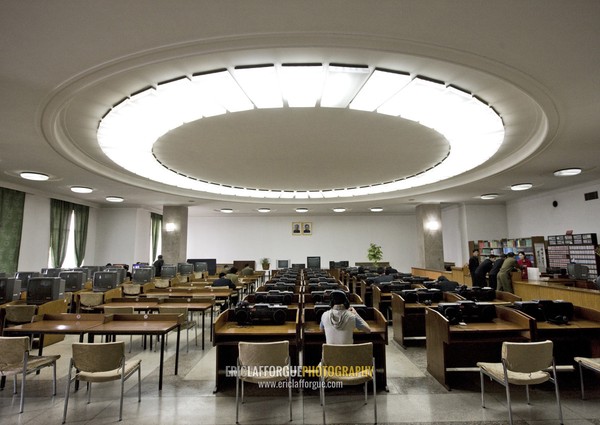 Multimedia room of the Grand people's study house with the offcial portraits of the Dear Leaders, Pyongan Province, Pyongyang, North Korea