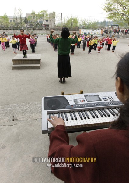 North Korean children making morning gymnastics at school, Pyongan Province, Pyongyang, North Korea