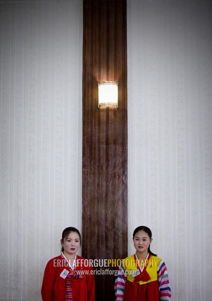 North Korean waitresses in a restaurant, Pyongan Province, Pyongyang, North Korea