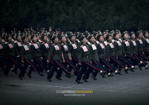 North Korean women military parade in the street, Pyongan Province, Pyongyang, North Korea