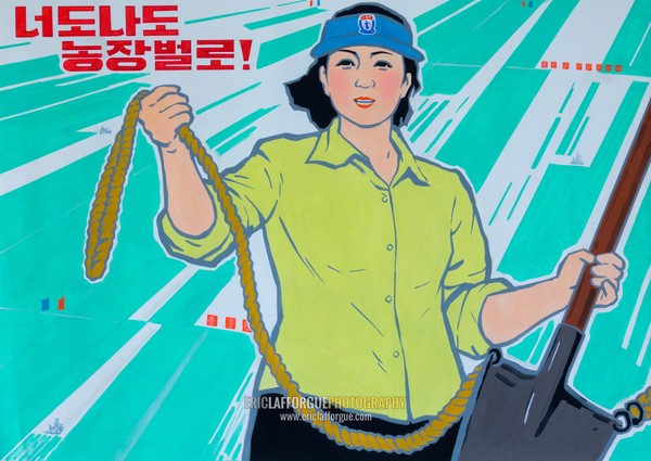 North Korean propaganda poster depicting a female worker with a slogan saying you and me in the farm, Pyongan Province, Pyongyang, North Korea