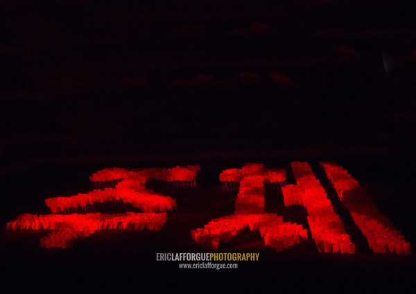 Korean letters made by toches during the Arirang mass games at may day stadium, Pyongan Province, Pyongyang, North Korea