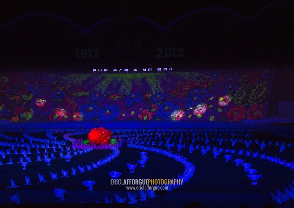 Panoramic view of the Arirang mass games with North Korean performers in may day stadium, Pyongan Province, Pyongyang, North Korea