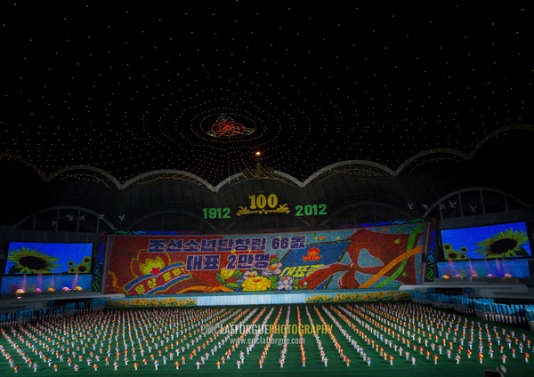 Panoramic view of the Arirang mass games with North Korean performers in may day stadium, Pyongan Province, Pyongyang, North Korea