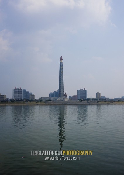 The Juche tower built to commemorate Kim il-sung's 70th birthday over the Taedong river, Pyongan Province, Pyongyang, North Korea