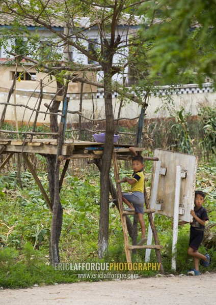 North Korean children in a little shelter to monitor the fields in the countryside, North Hwanghae Province, Kaesong, North Korea