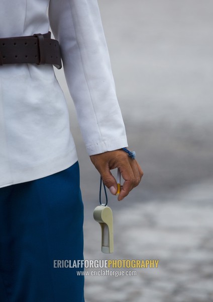 North Korean male traffic security officer in white uniform in the street, North Hwanghae Province, Kaesong, North Korea