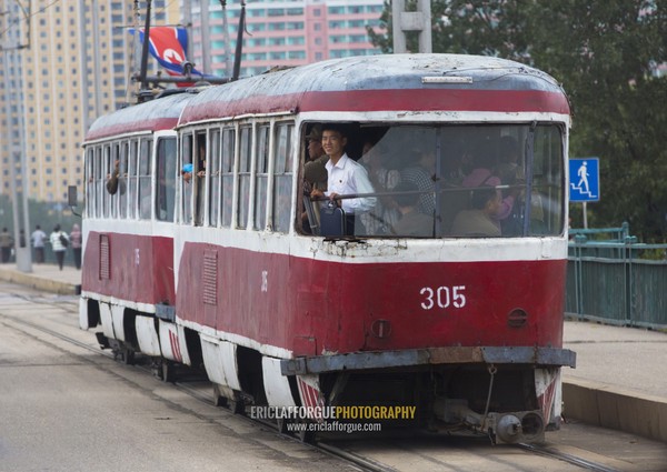 Old North Korean red tramway in bad condition, Pyongan Province, Pyongyang, North Korea