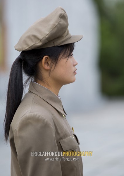 Side view of a North Korean young female guard, Pyongan Province, Pyongyang, North Korea