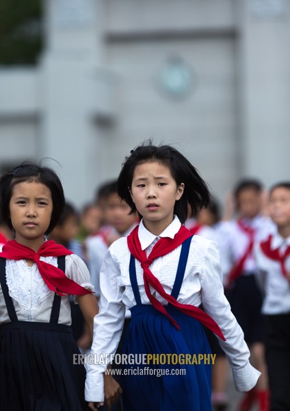 North Korean pioneers girls in the street, Pyongan Province, Pyongyang, North Korea