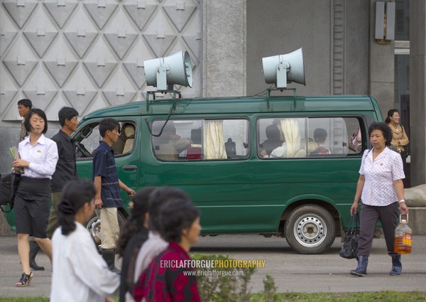 Propaganda car with loudspeakers in the street, Pyongan Province, Pyongyang, North Korea