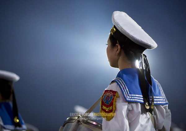 Sexy North Korean women dressed as sailors during the Arirang mass games in may day stadium, Pyongan Province, Pyongyang, North Korea