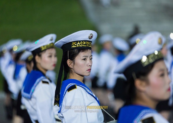 Sexy North Korean women dressed as sailors during the Arirang mass games in may day stadium, Pyongan Province, Pyongyang, North Korea