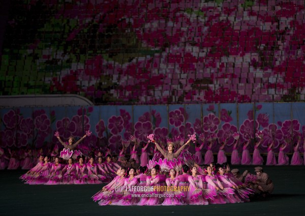 North Korean women dancing in choson-ot during the Arirang mass games in may day stadium, Pyongan Province, Pyongyang, North Korea