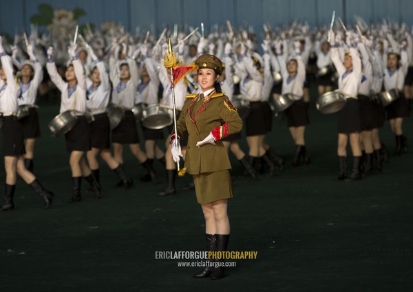 Sexy North Korean women dressed as sailors and soldiers during the Arirang mass games in may day stadium, Pyongan Province, Pyongyang, North Korea