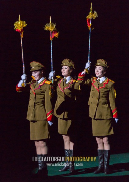 Sexy North Korean women dressed as soldiers dancing with swords during the Arirang mass games in may day stadium, Pyongan Province, Pyongyang, North Korea