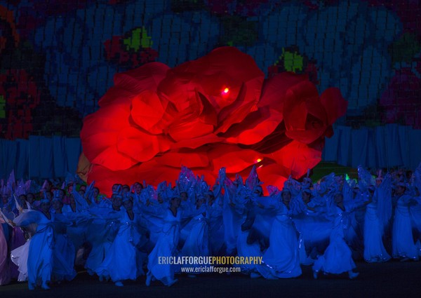 North Korean women dancing in front of a giant Kimilsungia flower during the Arirang mass games in may day stadium, Pyongan Province, Pyongyang, North Korea