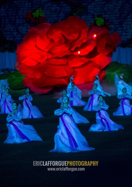 North Korean women dancing in front of a giant Kimilsungia flower during the Arirang mass games in may day stadium, Pyongan Province, Pyongyang, North Korea