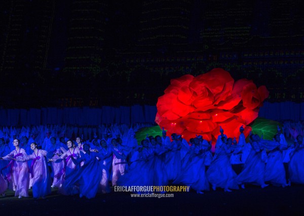 North Korean women dancing in front of a giant Kimilsungia flower during the Arirang mass games in may day stadium, Pyongan Province, Pyongyang, North Korea