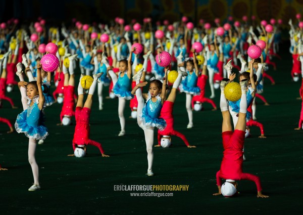 North Korean children gymasts performing with balloons during the Arirang mass games in may day stadium, Pyongan Province, Pyongyang, North Korea