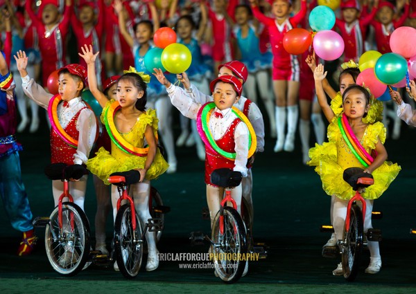 North Korean children gymasts performing with balloons during the Arirang mass games in may day stadium, Pyongan Province, Pyongyang, North Korea