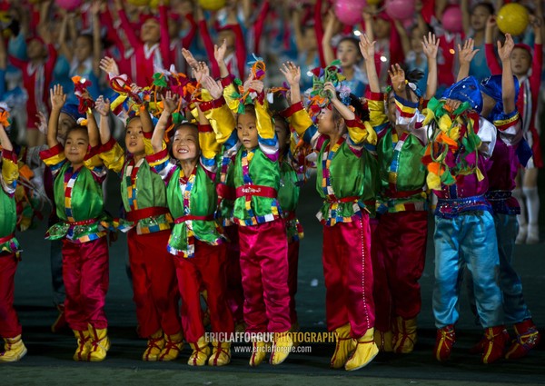 North Korean children performing during the Arirang mass games in may day stadium, Pyongan Province, Pyongyang, North Korea