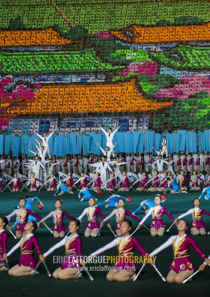 North Korean gymnasts and acrobats performing during Arirang mass games in may day stadium, Pyongan Province, Pyongyang, North Korea