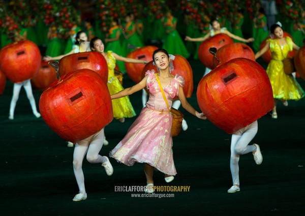 North Korean women dancing between apples during the Arirang mass games in may day stadium, Pyongan Province, Pyongyang, North Korea