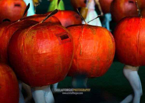 North Korean women dancing between apples during the Arirang mass games in may day stadium, Pyongan Province, Pyongyang, North Korea