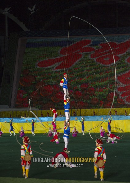 North Korean pungmul performers during the Arirang mass games in may day stadium, Pyongan Province, Pyongyang, North Korea