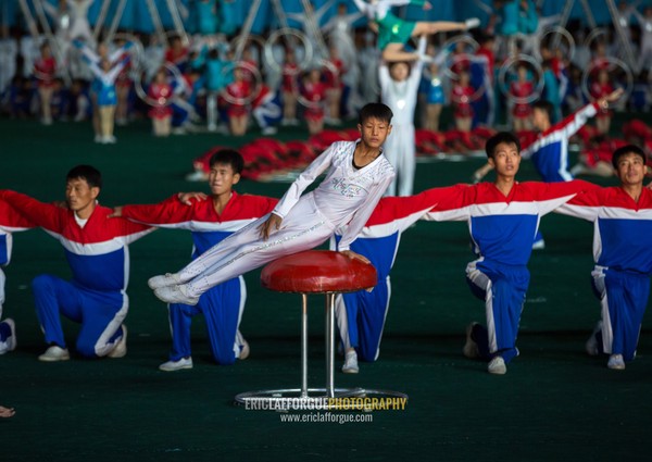 North Korean gymnasts during the Arirang mass games in may day stadium, Pyongan Province, Pyongyang, North Korea