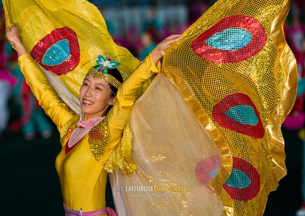 North Korean dancer with butterfly wings during Arirang mass games in may day stadium, Pyongan Province, Pyongyang, North Korea