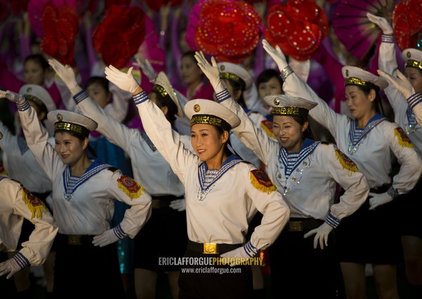 Sexy North Korean women dressed as sailors during the Arirang mass games in may day stadium, Pyongan Province, Pyongyang, North Korea