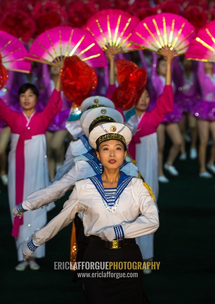 Sexy North Korean women dressed as sailors during the Arirang mass games in may day stadium, Pyongan Province, Pyongyang, North Korea