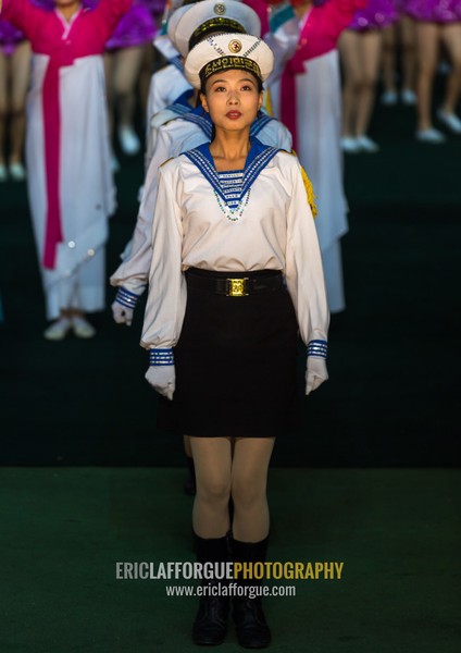 Sexy North Korean women dressed as sailors during the Arirang mass games in may day stadium, Pyongan Province, Pyongyang, North Korea