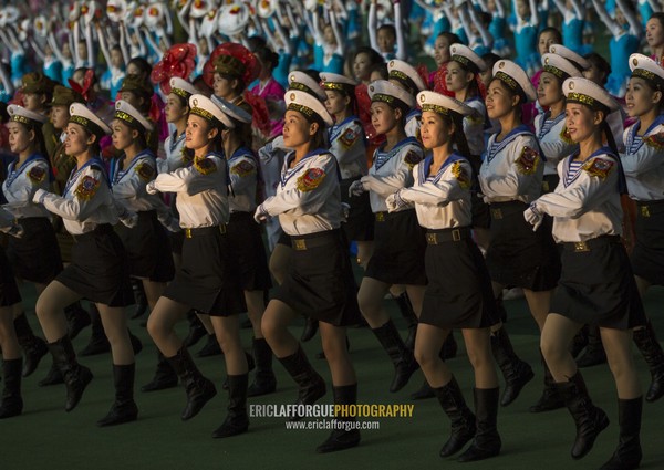 Sexy North Korean women dressed as sailors during the Arirang mass games in may day stadium, Pyongan Province, Pyongyang, North Korea