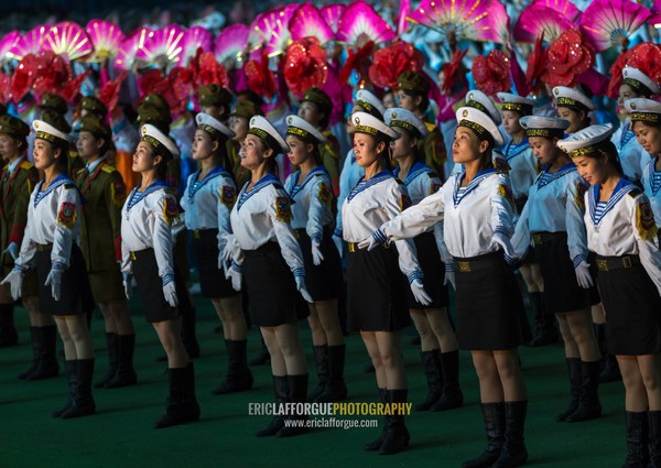 Sexy North Korean women dressed as sailors during the Arirang mass games in may day stadium, Pyongan Province, Pyongyang, North Korea