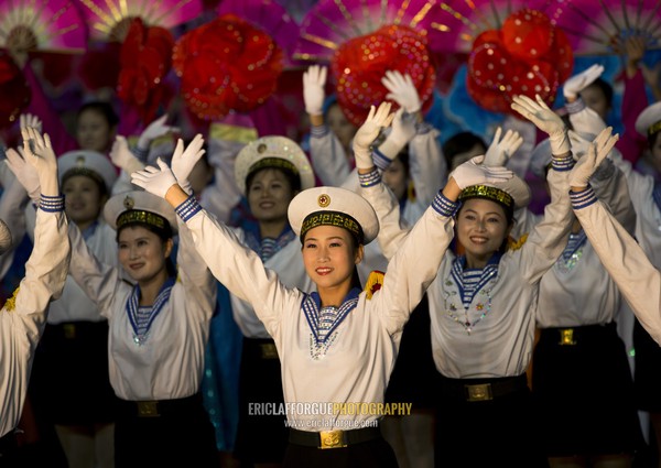 Sexy North Korean women dressed as sailors during the Arirang mass games in may day stadium, Pyongan Province, Pyongyang, North Korea