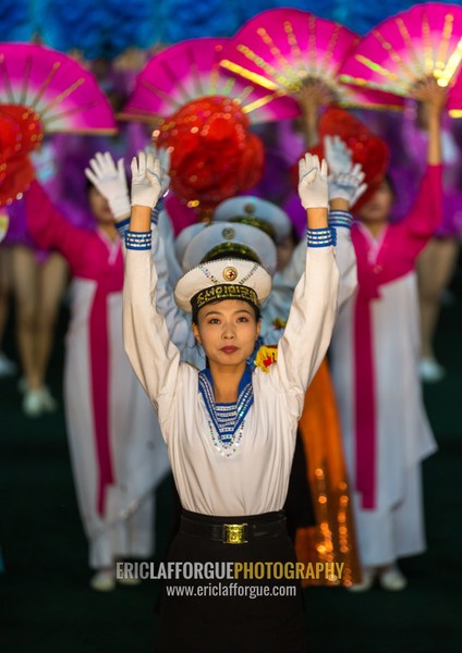 Sexy North Korean women dressed as sailors during the Arirang mass games in may day stadium, Pyongan Province, Pyongyang, North Korea