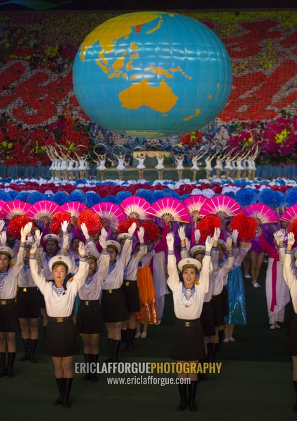 Sexy North Korean women dressed as sailors during the Arirang mass games in may day stadium, Pyongan Province, Pyongyang, North Korea