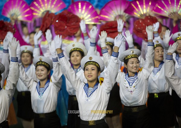 Sexy North Korean women dressed as sailors during the Arirang mass games in may day stadium, Pyongan Province, Pyongyang, North Korea