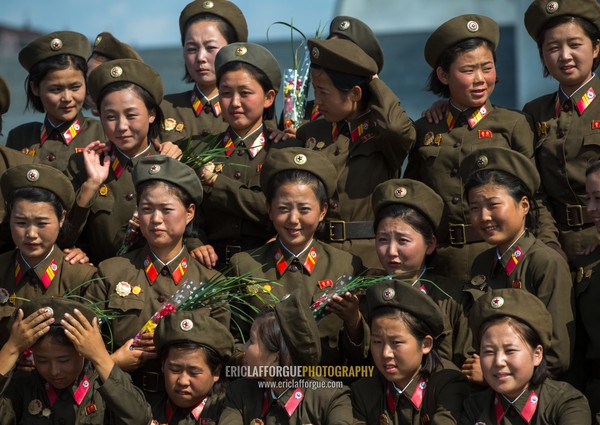 North Korean soldiers women posing for a photo souvenir, Pyongan Province, Pyongyang, North Korea